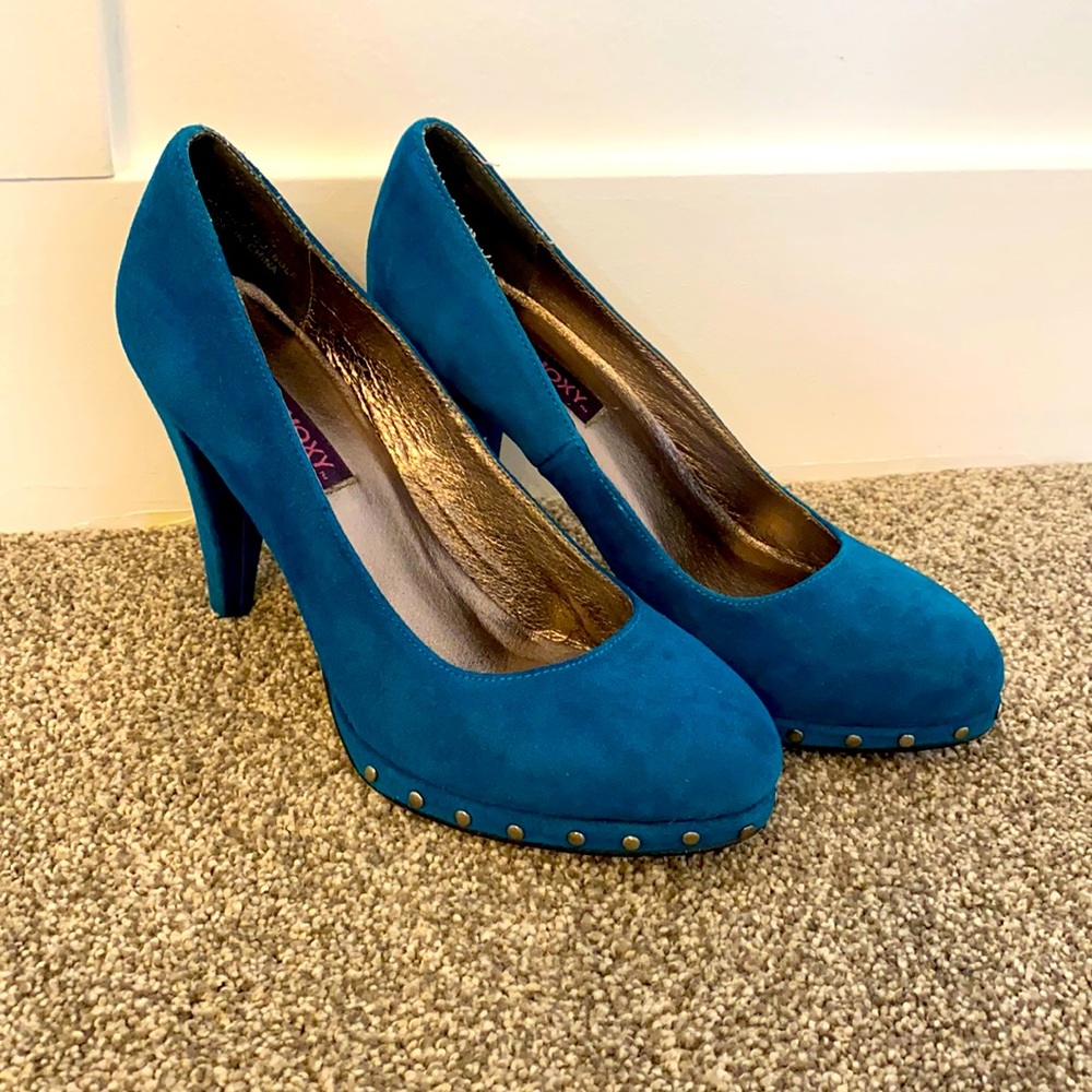 Teal Suede Studded Platform Pumps - Women Shoes Heels